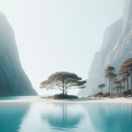 A lonely tree against the background of mountains and waterの素材