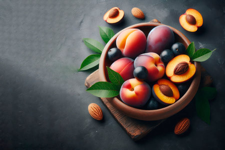 Peaches and plums in a wooden bowl. Space for textの素材