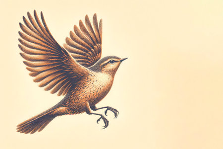 Flying bird on a light background in retro style. Space for textの素材