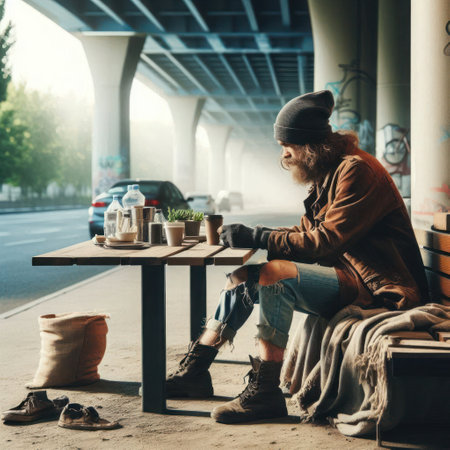 A homeless man sitting at a table under a bridgeの素材