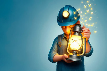 Sleeping miner with a lamp surrounded by fireflies. Space for textの素材