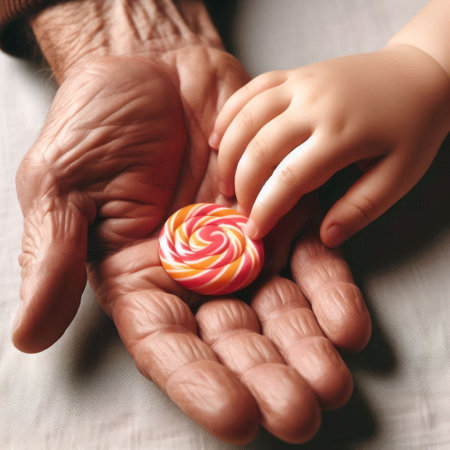 The hand of an elderly man and a child with a lollipopの素材