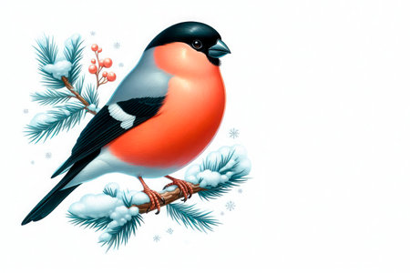 Bullfinch on a branch with red berries in winter. Space for textの素材