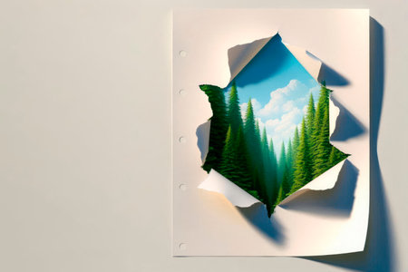 Torn paper overlooking the forest. Space for textの素材