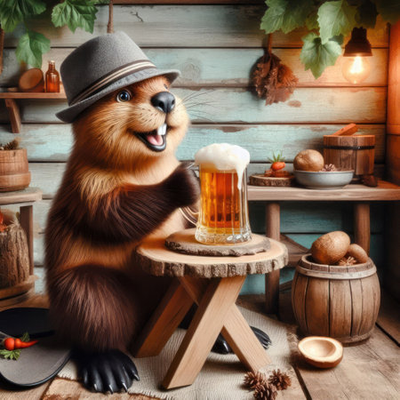 Beaver with a mug of beer in a wooden tavernの素材