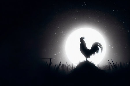 Silhouette of a rooster against the background of the full moon. Space for textの素材