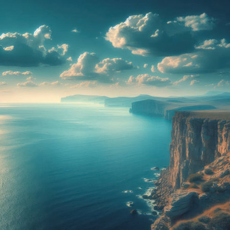 The sea and the steep shore at sunsetの素材