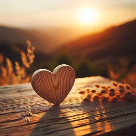 A wooden heart with a sunset in the countrysideの素材