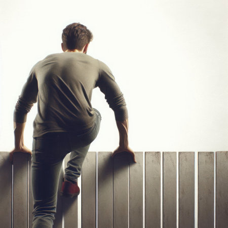 A man climbs over the fenceの素材