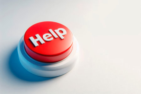 A red button with the inscription Help on a light background. Space for textの素材