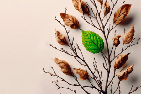 A green leaf among dry branches, a symbol of life and rebirth. Space for textの素材
