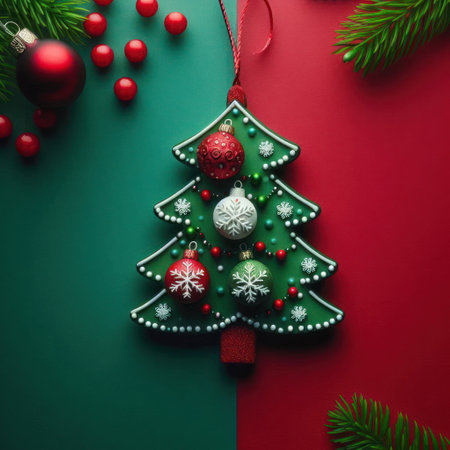 Christmas tree with decorations on a red and green backgroundの素材