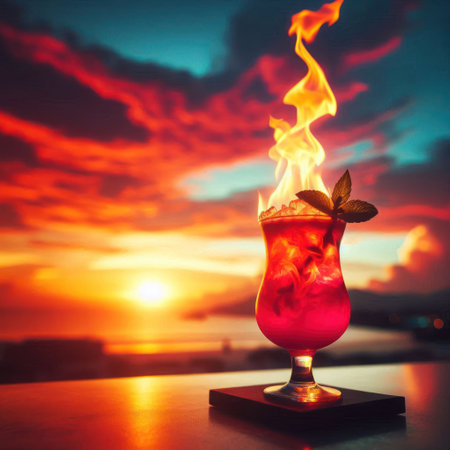 Cocktail with fire against the background of the sunsetの素材