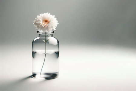 Flower in a glass bottle of water on a clean background. Space for textの素材