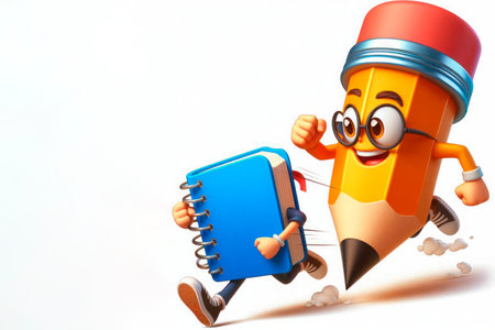 A funny pencil and a notebook with faces run together. Space for textの素材