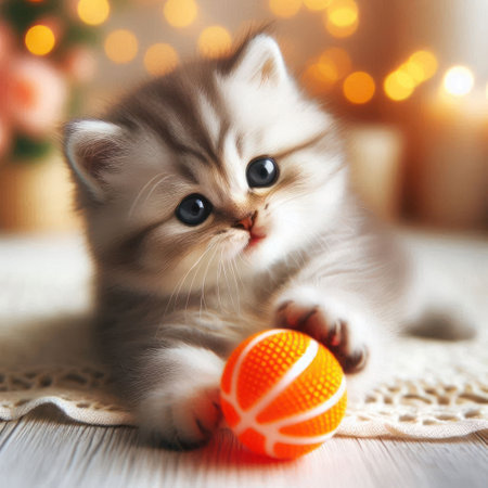 A kitten plays with a small orange ballの素材