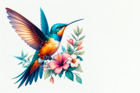 Hummingbird with flowers on a light background. Space for textの素材