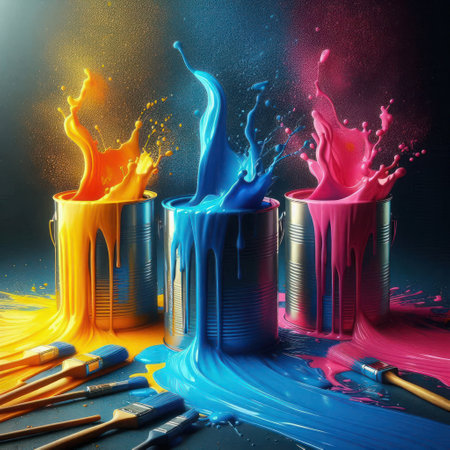 Bright splashes of paint from cans on a dark backgroundの素材