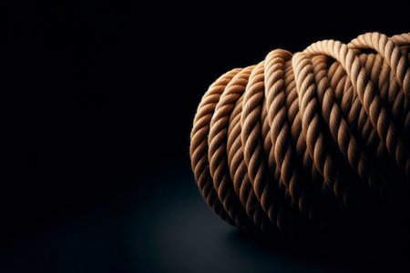 A coiled rope on a dark background. Space for textの素材