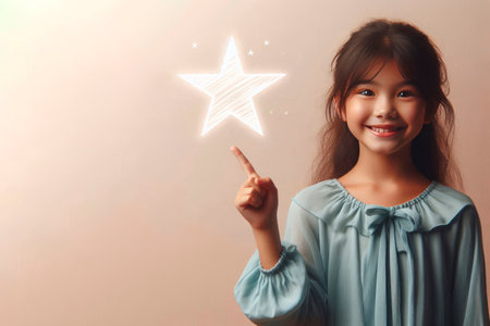 The girl with a smile points to the glowing star. Space for textの素材