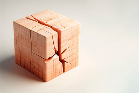 A cracked wooden cube on a light background. Space for textの素材