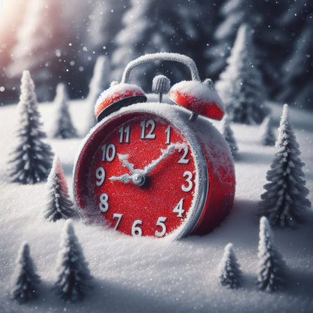 A frozen red alarm clock among the snow sprucesの素材