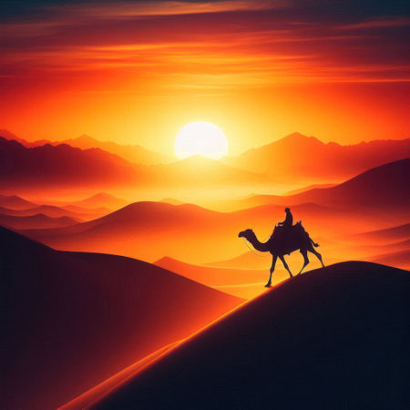 Silhouette of a camel in the desert at sunsetの素材