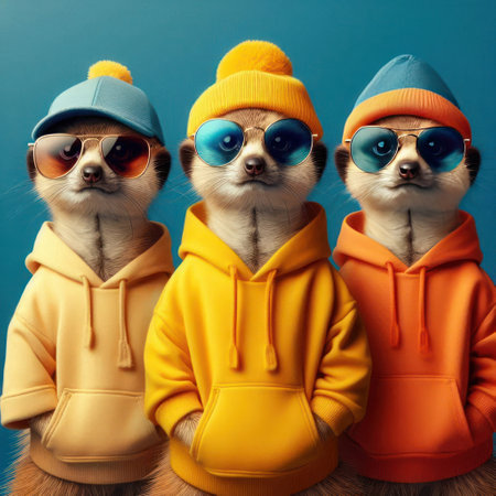 Three meerkats in fashionable glasses and hoodiesの素材