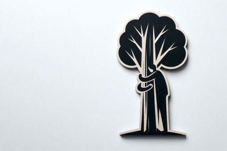 A person hugs a tree, symbolizing the protection of nature and ecology. Space for textの素材