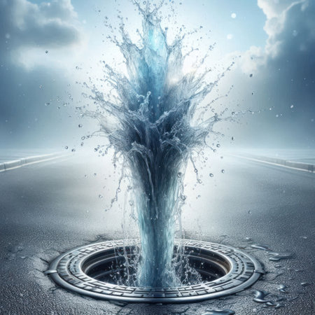 A stream of water bursting out of a manhole on the roadの素材