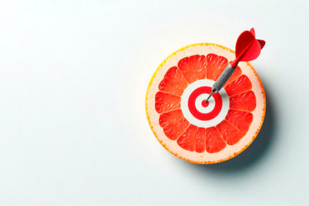 Grapefruit with a target and a dart in the center. Space for textの素材