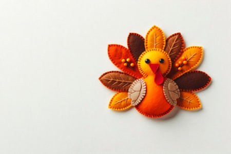 A soft toy in the form of a felt turkey with autumn flowers. Space for textの素材