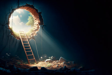 The road to the light is through a destroyed brick wall with a staircase. Space for textの素材