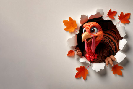 A turkey peeks out of a broken wall with autumn leaves. Space for textの素材