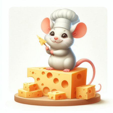 A mouse-cook with cheese on a light background. Space for textの素材