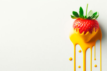 Strawberries covered in yellow paint on a light background. Space for textの素材
