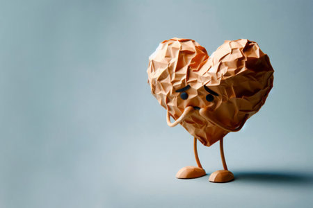 A sad heart made of crumpled paper with an expression of regret. Space for textの素材