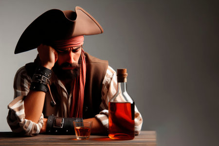 A pirate in thought with a bottle of rum. Space for textの素材