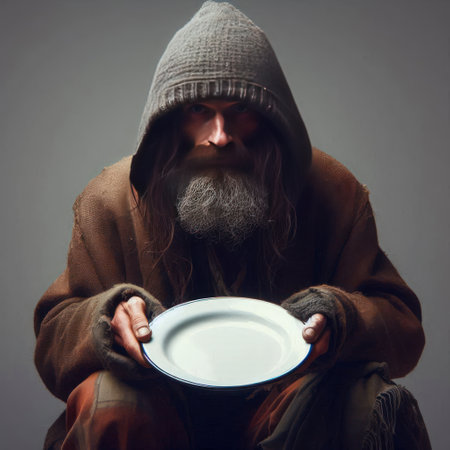 A homeless man with an empty plateの素材