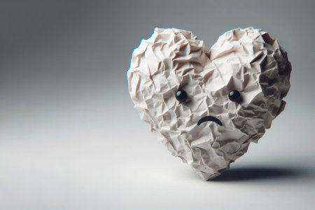 A sad heart made of crumpled paper on a gray background. Space for textの素材