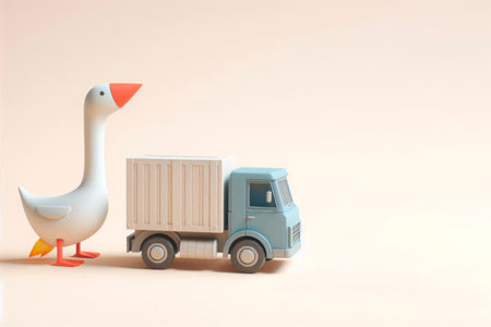 Goose next to toy truck on clean background. Space for textの素材