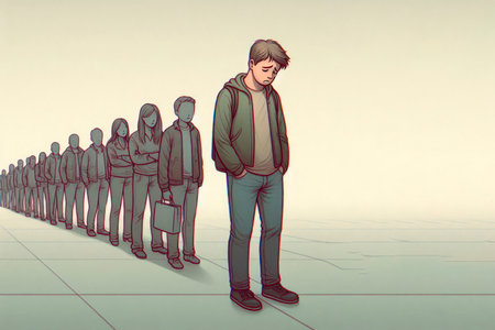 A lonely teenager in a queue of people. Space for textの素材