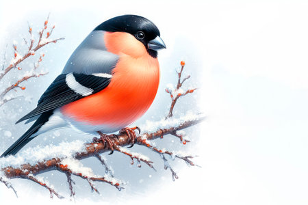 Bullfinch on a snow-covered branch. Space for textの素材