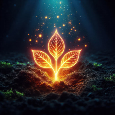 A glowing sprout in the dark earthの素材