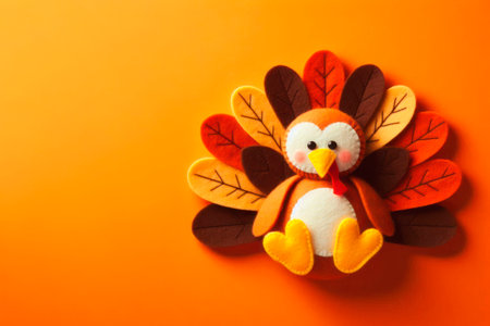 A plush turkey on an orange background for the holiday. Space for textの素材
