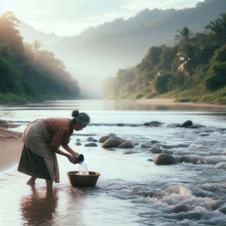 Woman by the river collecting waterの素材