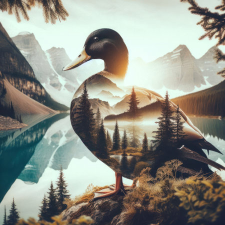 Silhouette of a duck with nature insideの素材