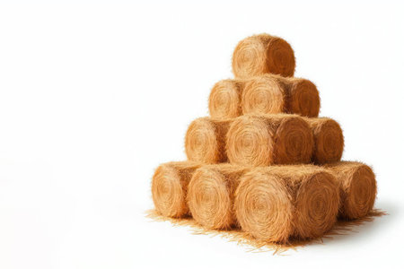 Stack of round hay bales on a light background. Space for textの素材