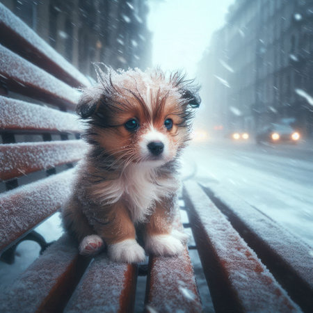 Puppy on a bench in winter during snowfallの素材