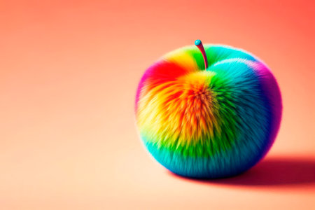 Rainbow fluffy apple on a clean background. Space for textの素材